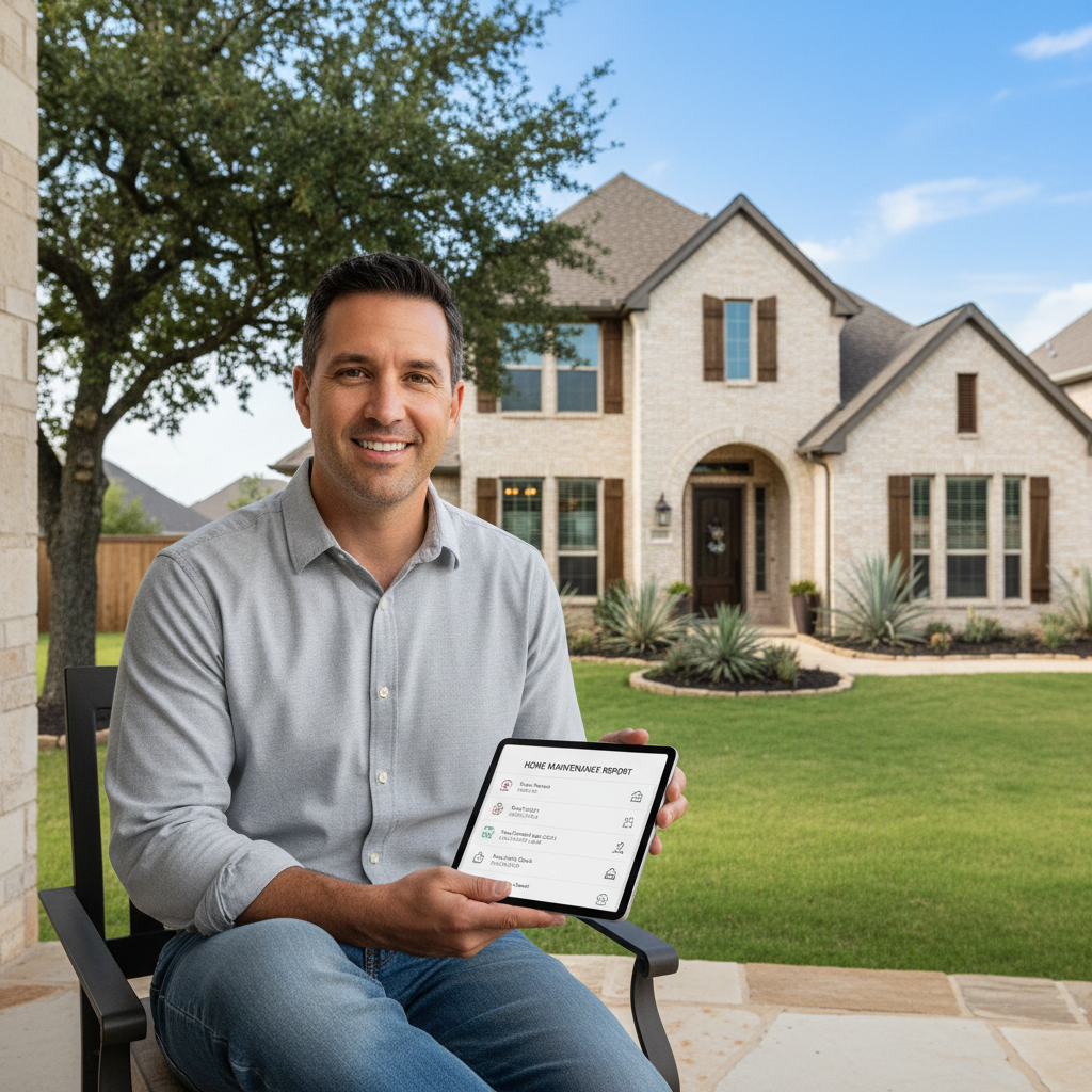 A homeowner reviewing a digital home maintenance history report on a tablet, with a well-maintained Texas home visible in the background