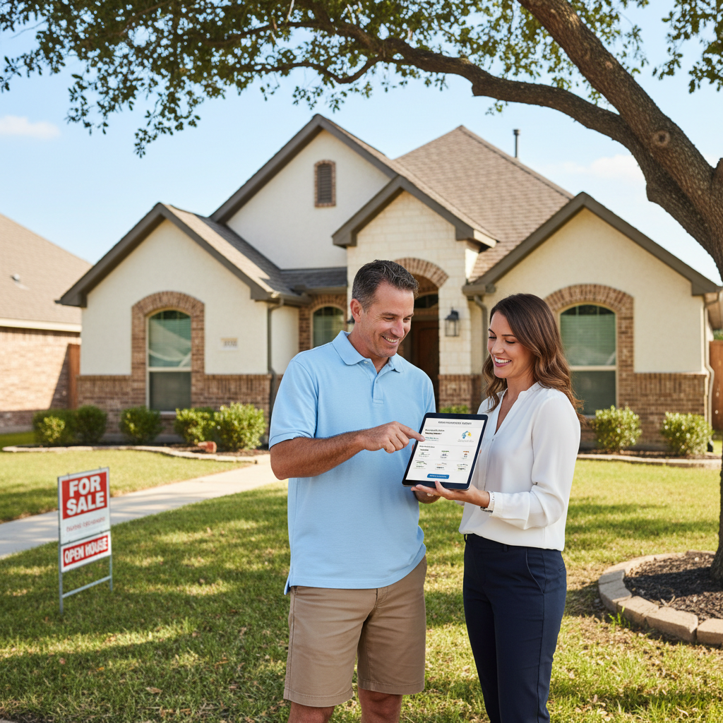 A homeowner and real estate agent reviewing a digital roof condition report on a tablet outside a house listed for sale in Texas