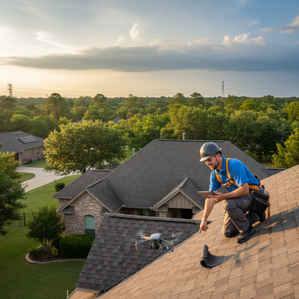 A roofing professional inspecting an asphalt shingle roof on a home in East Texas, checking for storm damage and wear