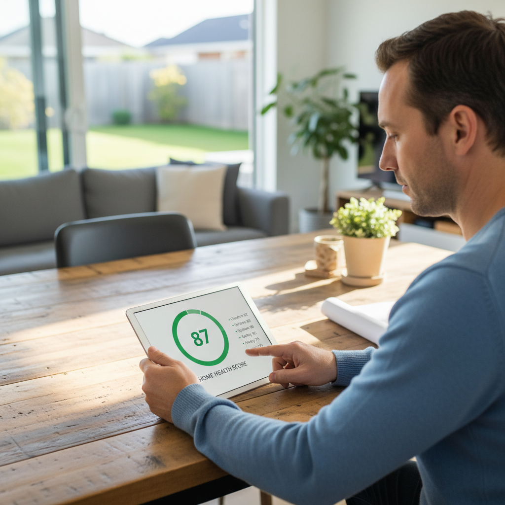A homeowner reviewing a simple 0-to-100 home health score on a tablet instead of a long paper inspection report