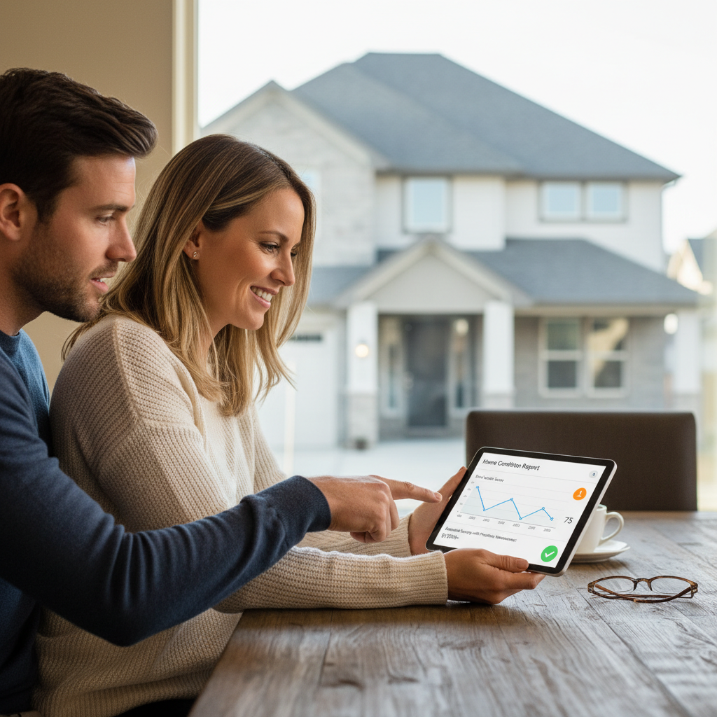 Homeowner reviewing a digital home condition report on a tablet showing a roof health score tracked over multiple years