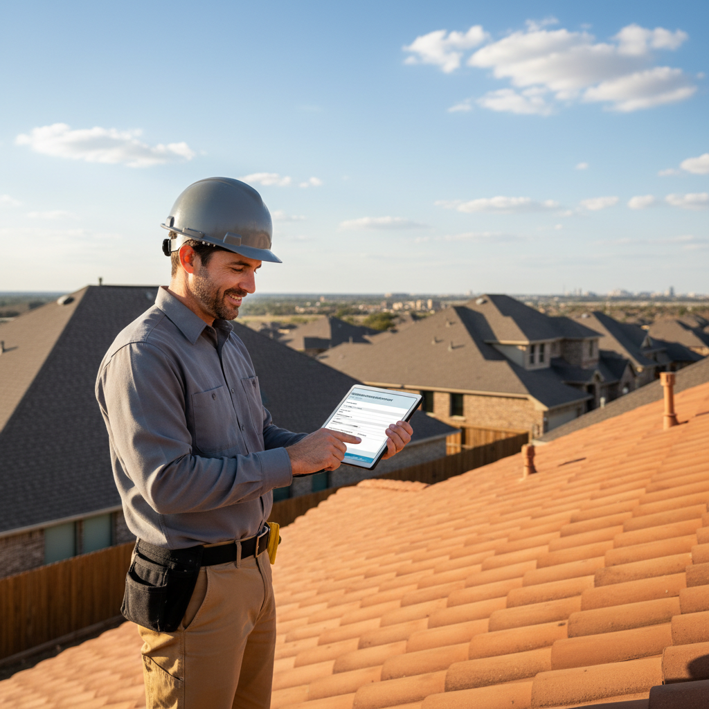A roofing inspector reviewing a clean, standardized roof condition report on a tablet at a residential property in Texas