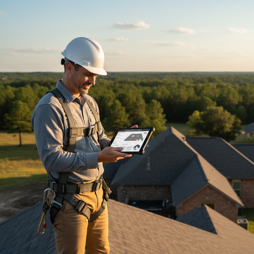 A roofing inspector reviewing a standardized digital roof report on a tablet while standing on a residential roof in East Texas