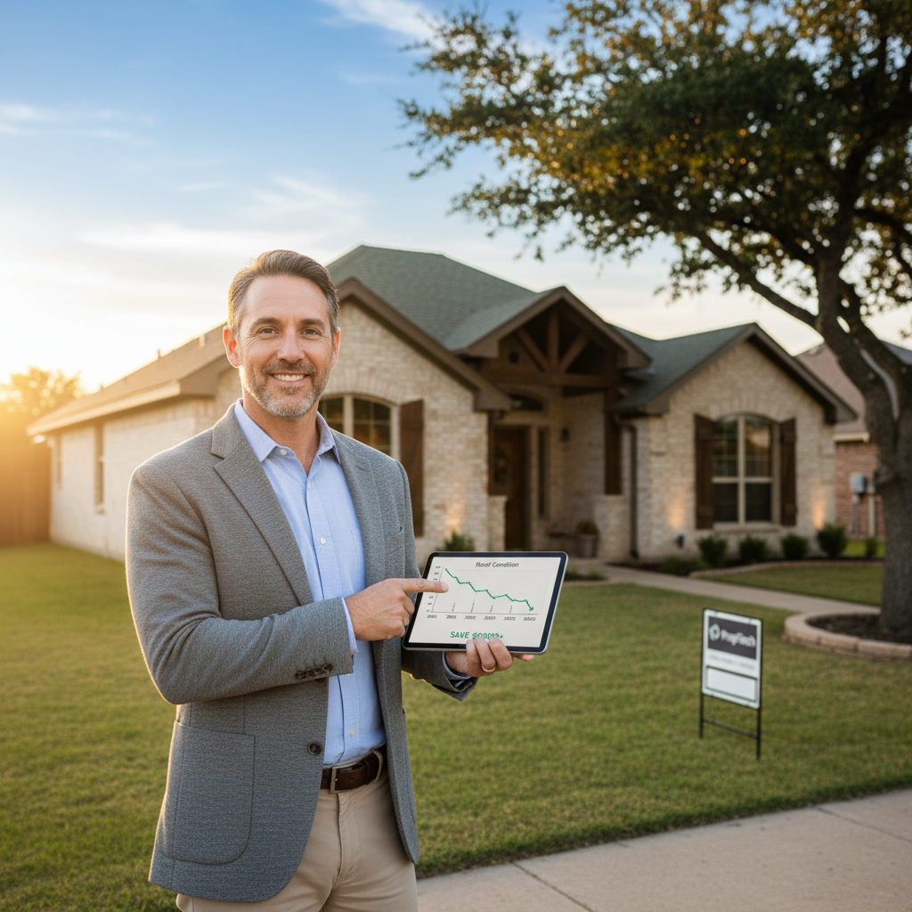 A homeowner reviewing a tablet showing their home's roof condition score trend over several years, standing in front of a well-maintained Texas home
