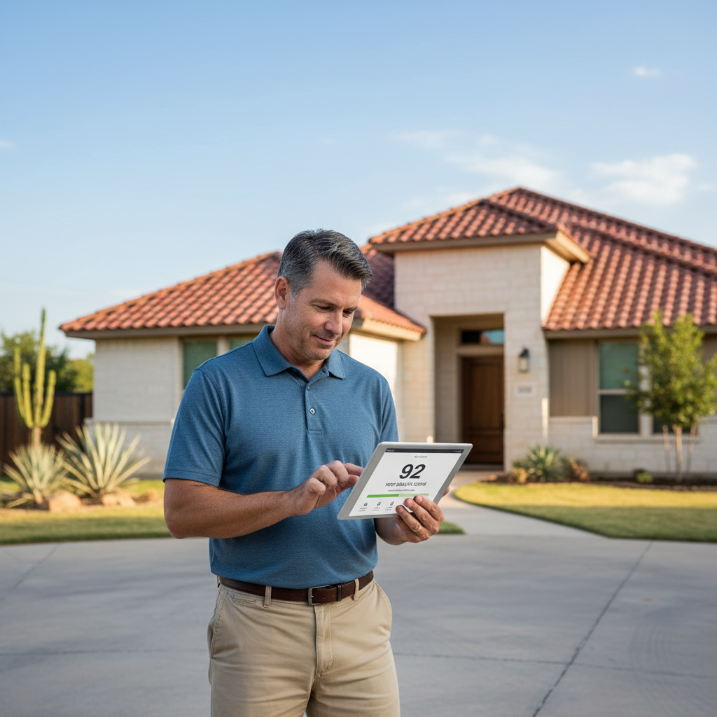 Homeowner reviewing a simple 0-100 roof health score report on a tablet while standing outside their home in Texas