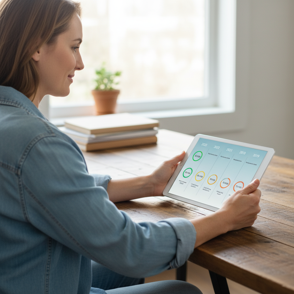 A homeowner reviewing a digital home maintenance history on a tablet, with a neat timeline of annual roof inspection scores and repair records displayed on screen