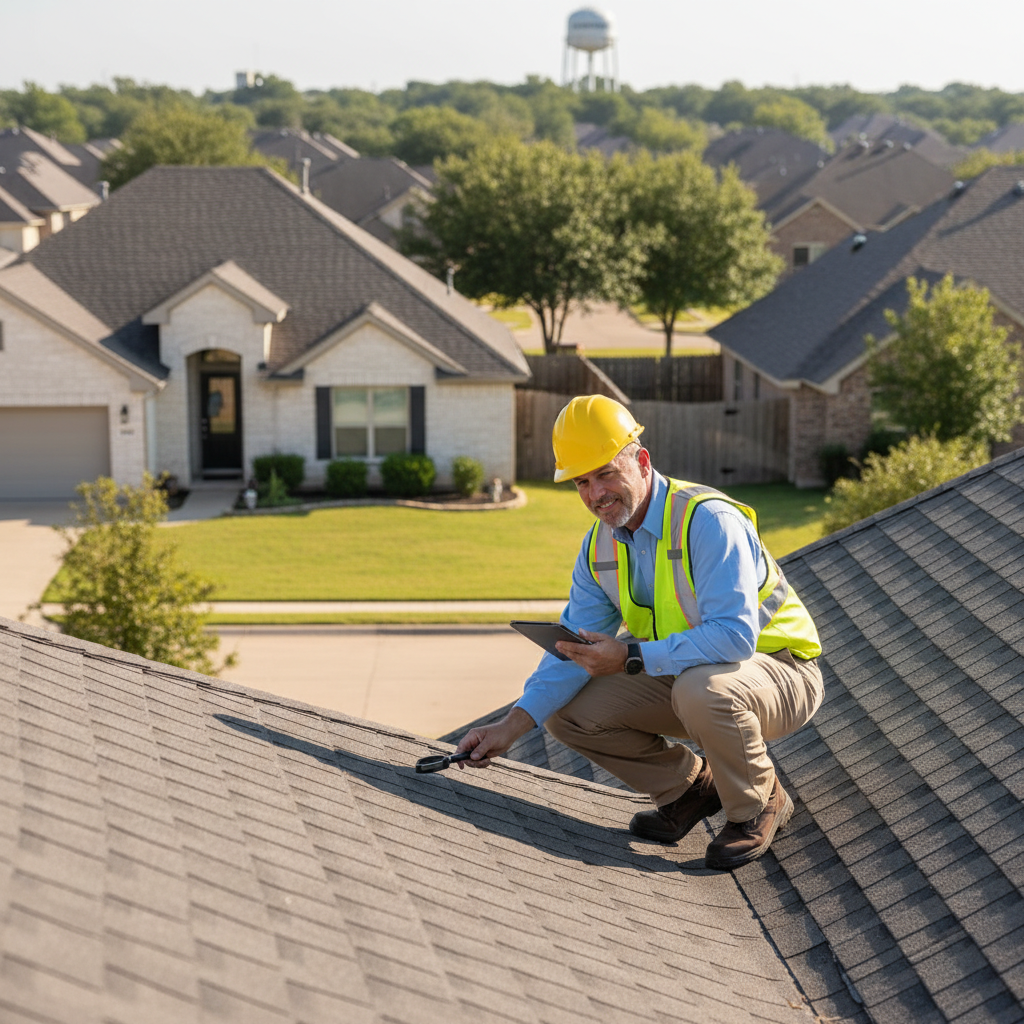 A licensed roof inspector examining shingles on a home in Tyler or Longview, Texas on a clear day