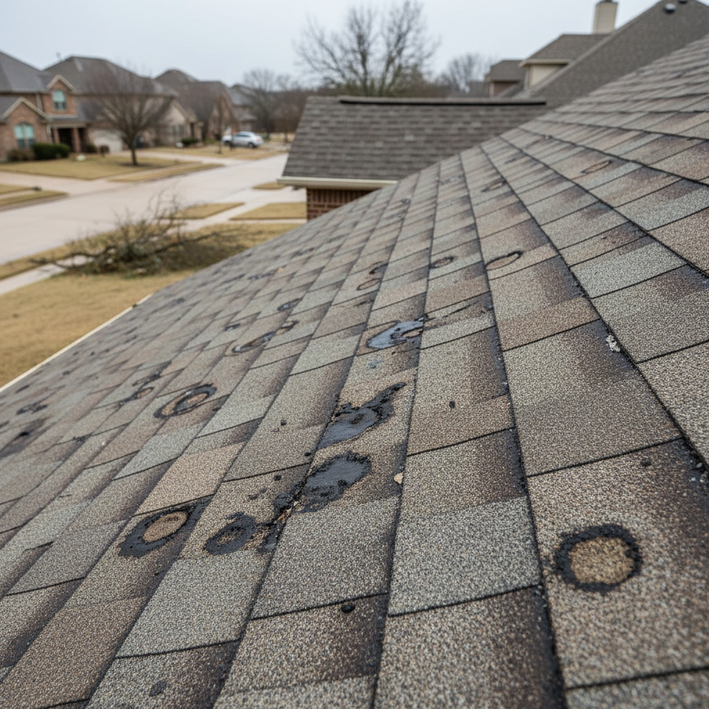 Hail-damaged asphalt shingles on a Texas home roof with granule loss and bruising visible after a storm