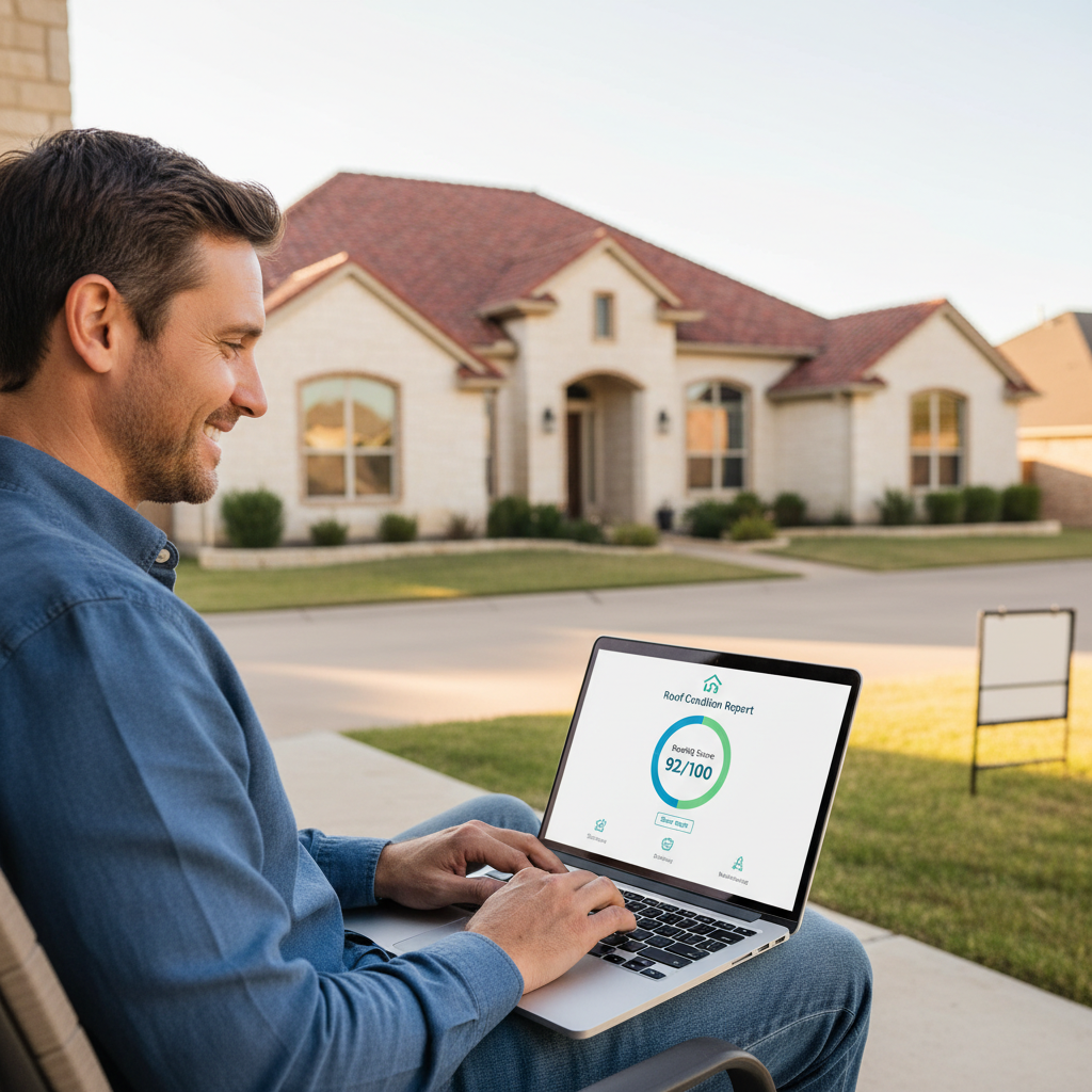A homeowner on a laptop reviewing a shareable digital roof condition report with a clear 0-100 RoofIQ Score before listing their Texas home for sale