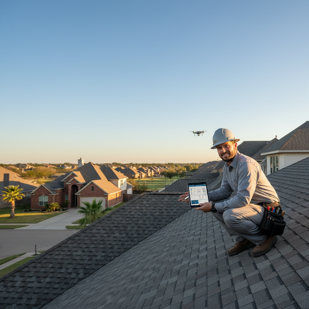 A roofing professional on a residential roof in Texas conducting a thorough inspection, clipboard in hand, with clear blue sky in the background