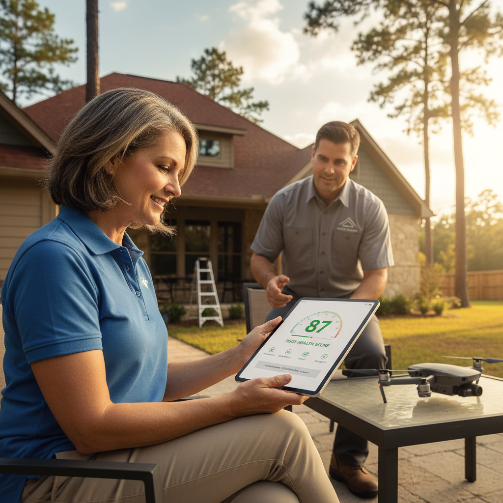 A homeowner on a tablet reviewing a simple 0-to-100 roof health score dashboard after a professional roof inspection in East Texas