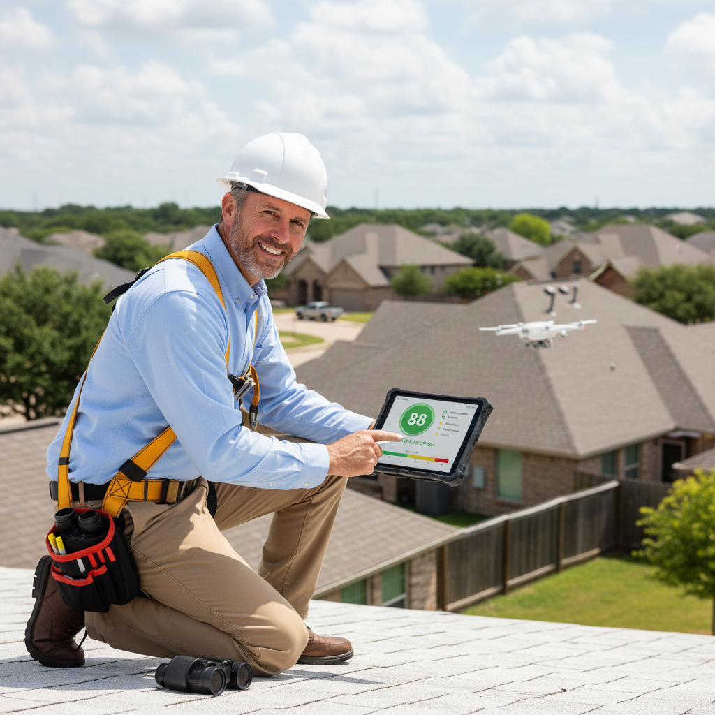 A professional inspector on a residential roof in Texas reviewing findings on a tablet, with a clear 0–100 roof health score displayed on the screen