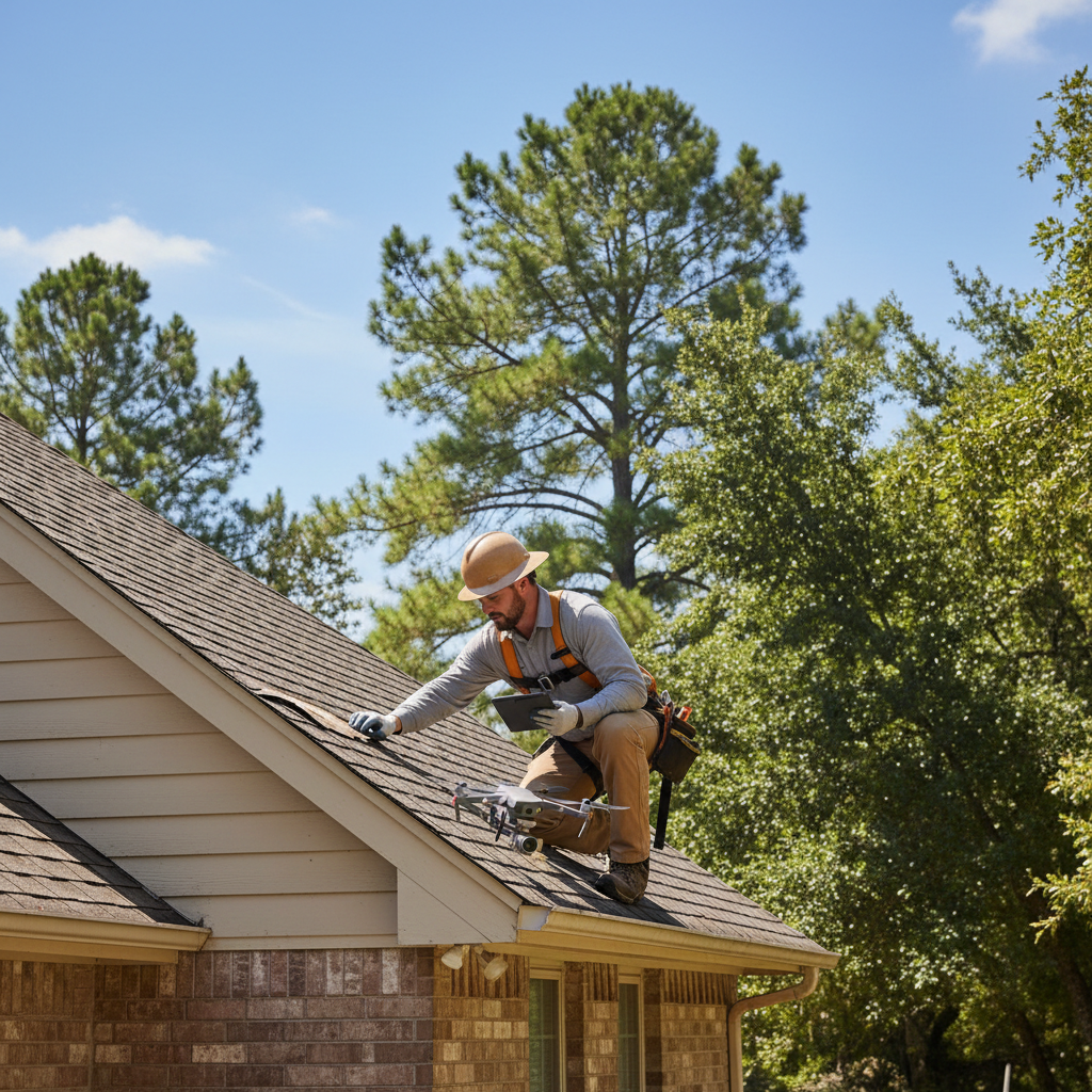 A professional roof inspector examining shingles and flashing on a residential home in East Texas on a clear day