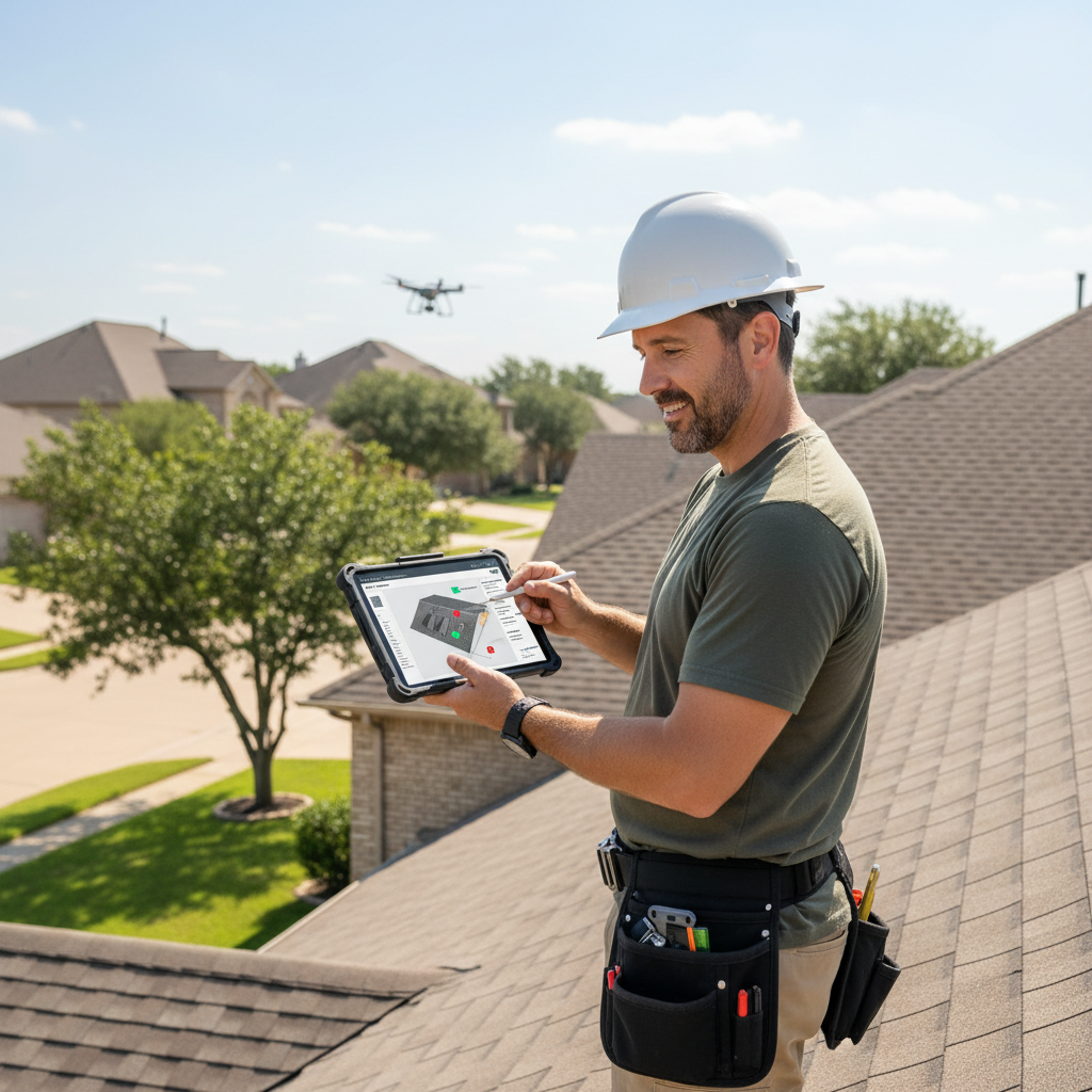 A professional roofer reviewing a digital roof inspection report on a tablet while standing on a residential roof in Texas