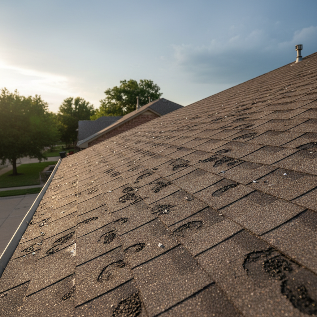 Close-up of hail-damaged asphalt shingles on a Texas home roof showing granule loss and impact marks