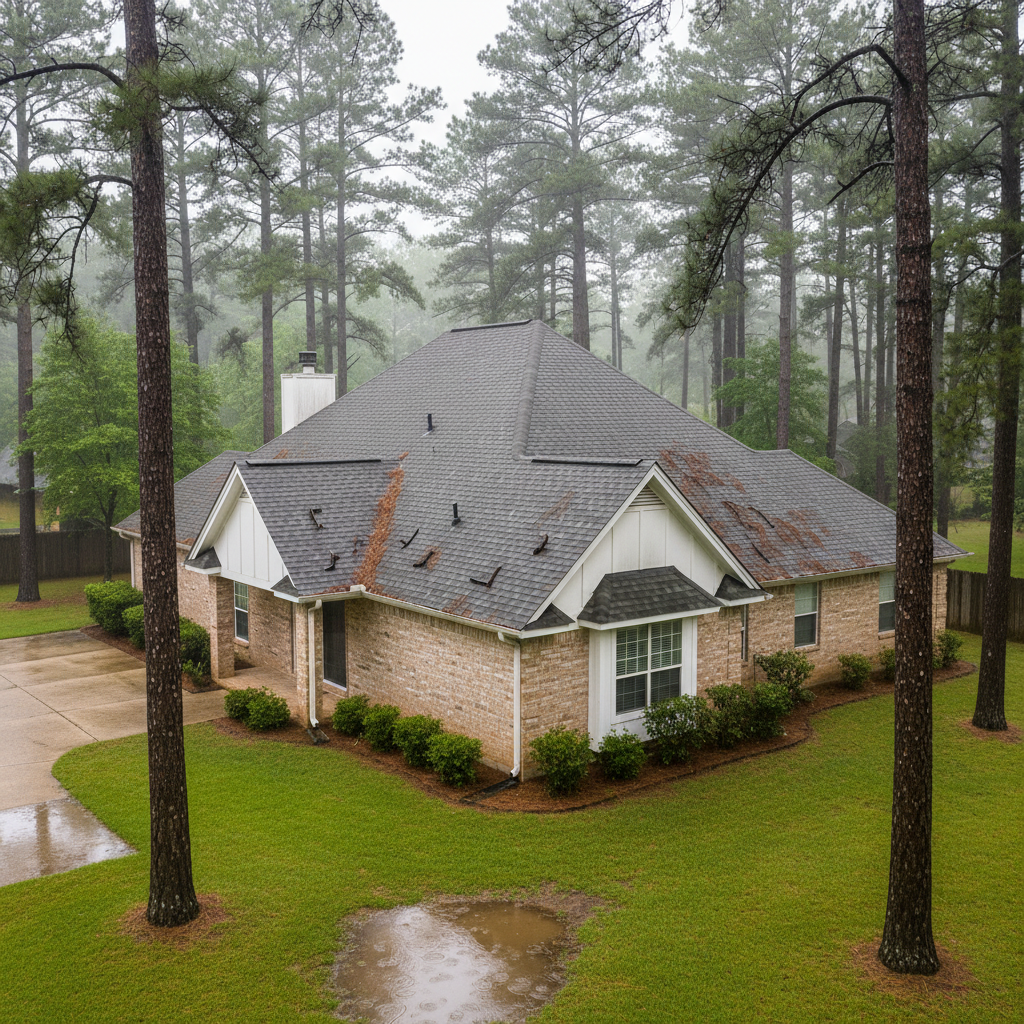 East Texas home with a pitched shingle roof surrounded by pine trees after a spring rainstorm, showing potential roof wear