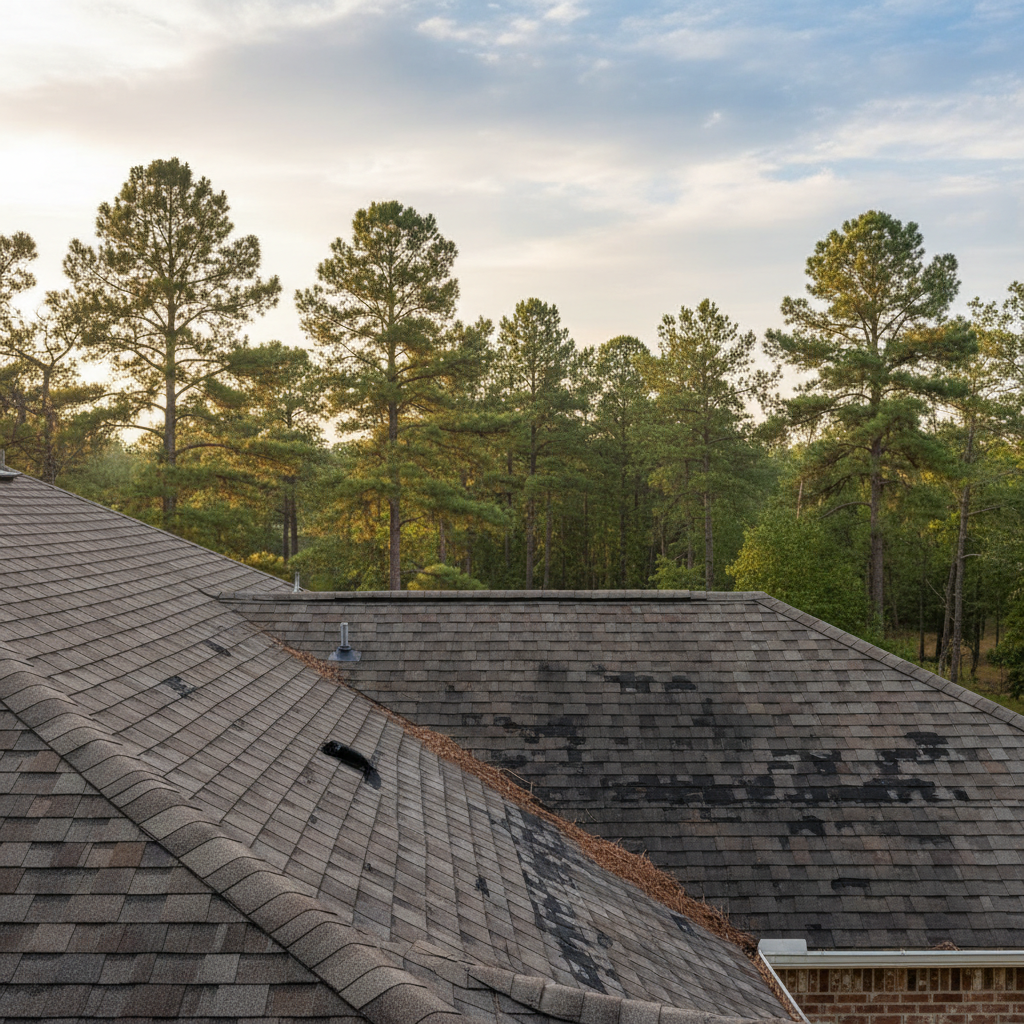 Asphalt shingles showing granule loss and weather damage on an East Texas home roof with pine trees in the background