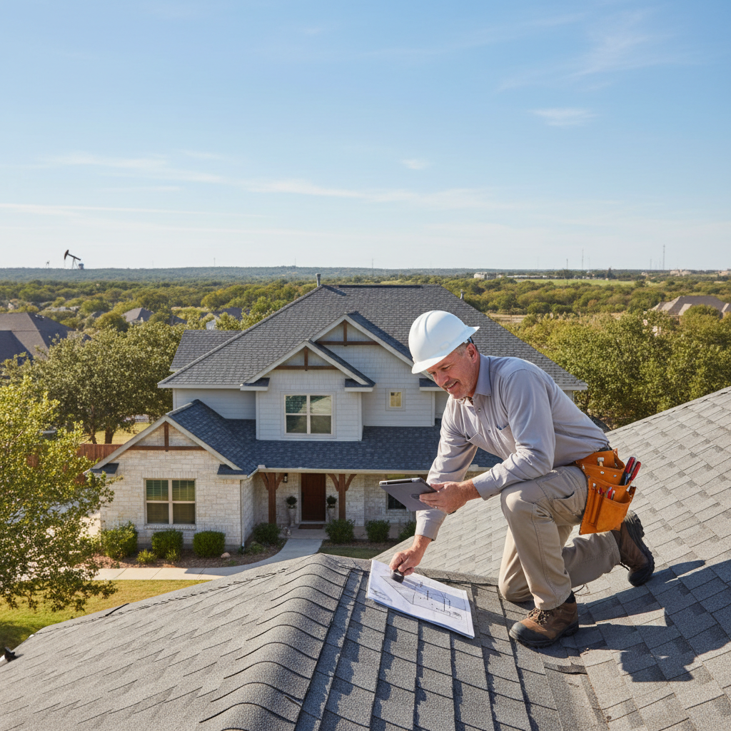 A professional roof inspector examining shingles on a home in Tyler, Texas on a clear day