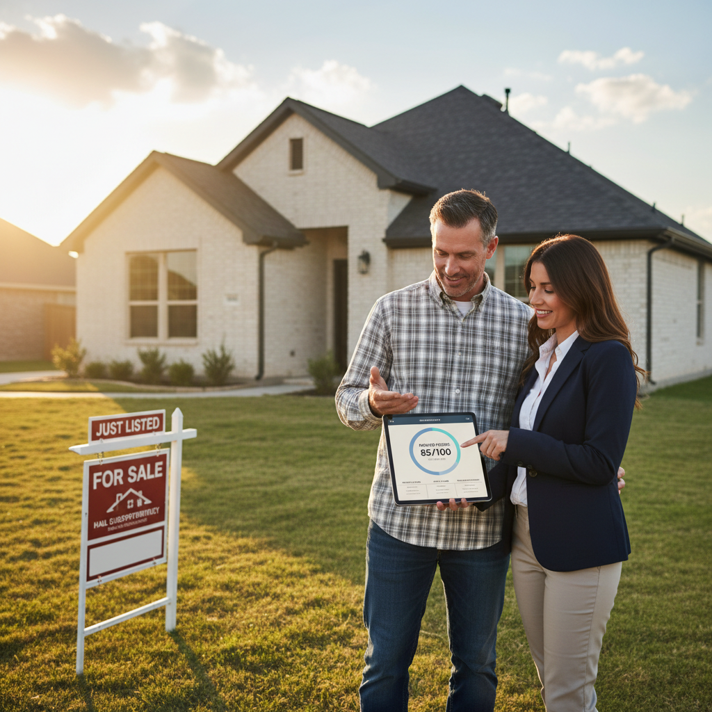 A Texas homeowner and real estate agent reviewing a RoofIQ score report on a tablet while standing in front of a home listed for sale