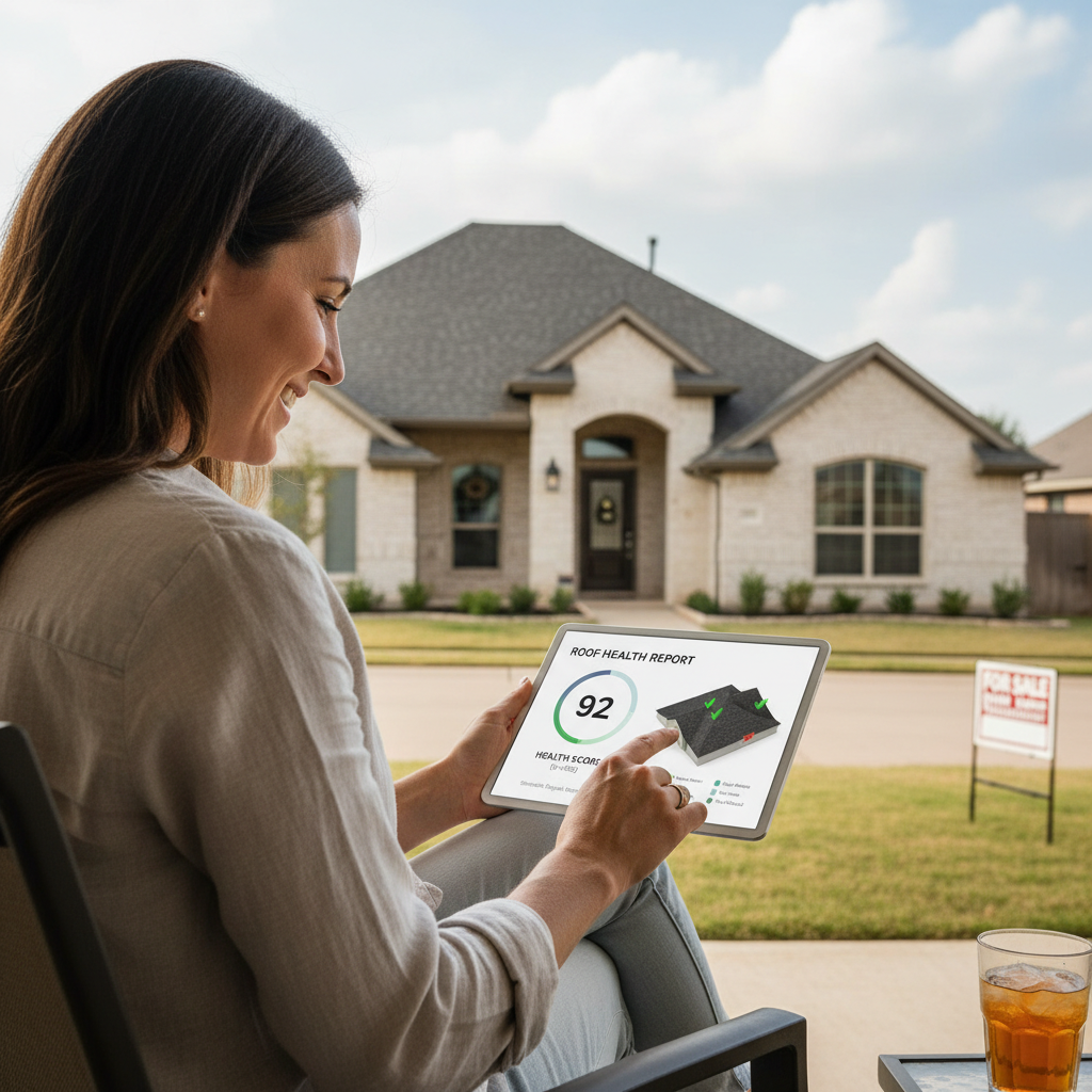 A homeowner on a tablet reviewing a shareable digital roof condition report with a clear 0-100 health score before listing their Texas home for sale