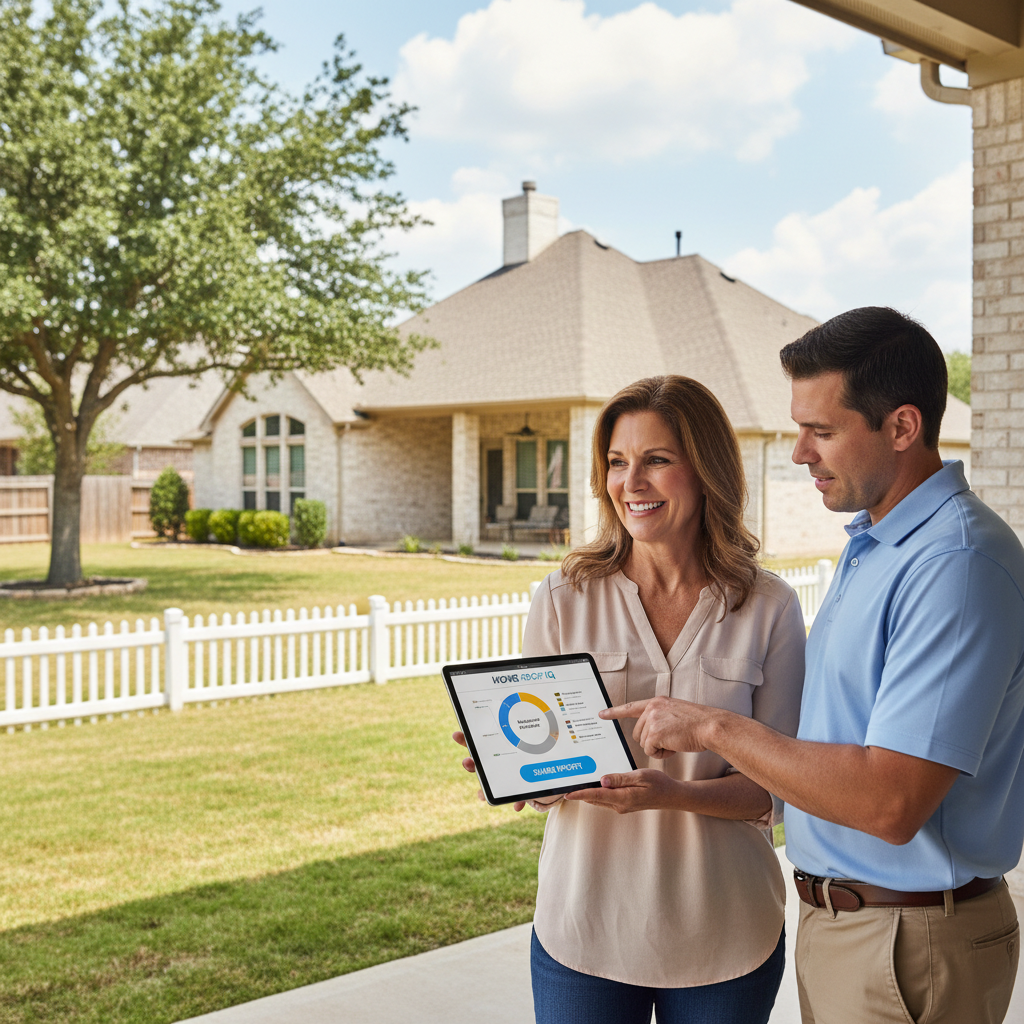 A homeowner in Texas reviewing a shareable roof condition report on a tablet before listing their home for sale