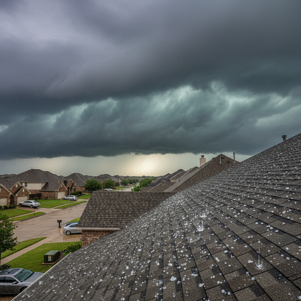 Dark storm clouds rolling over a Texas neighborhood with hail visible on a residential asphalt shingle roof
