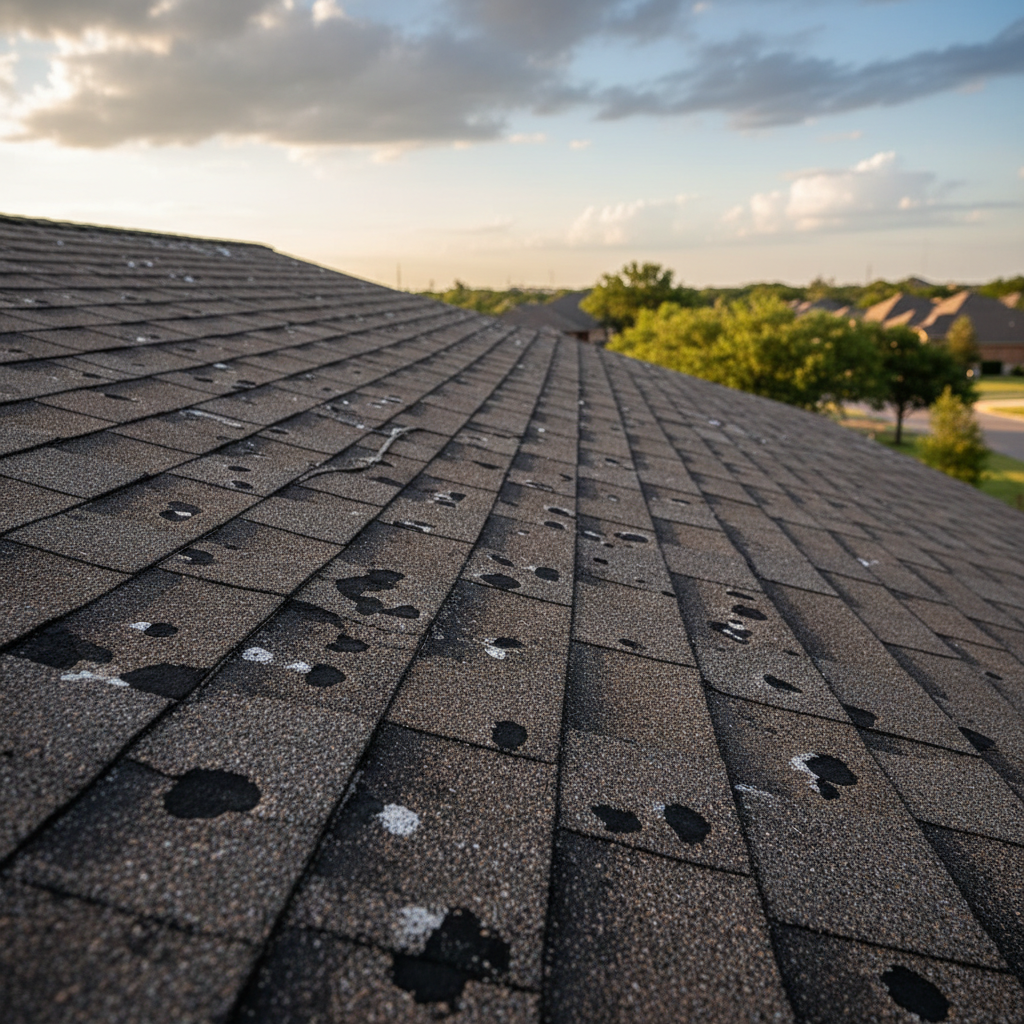 Close-up of an asphalt shingle roof showing granule loss and surface wear from repeated Texas hailstorms