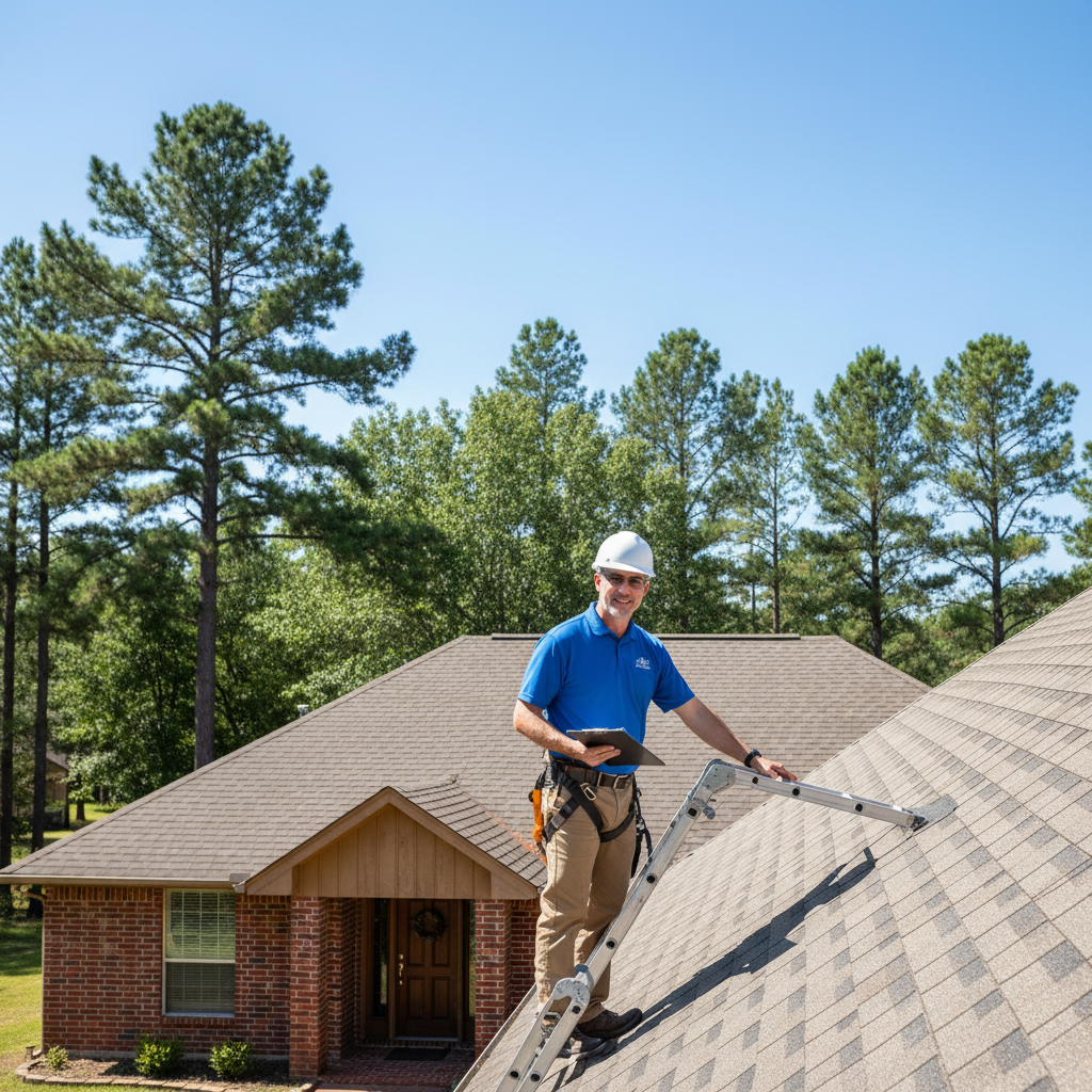 A roofing inspector examining a residential roof in East Texas on a clear day, with a checklist in hand
