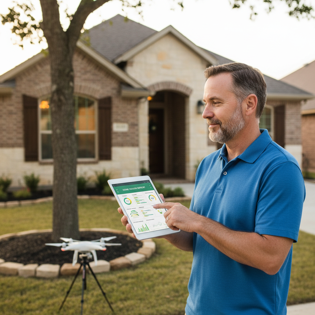 Homeowner reviewing a digital home condition report on a tablet while standing outside a house in Texas