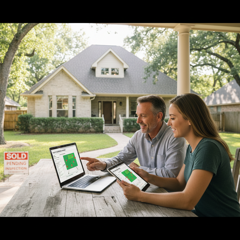 A homeowner on a laptop sharing a digital roof condition report with a prospective buyer during a home sale in East Texas