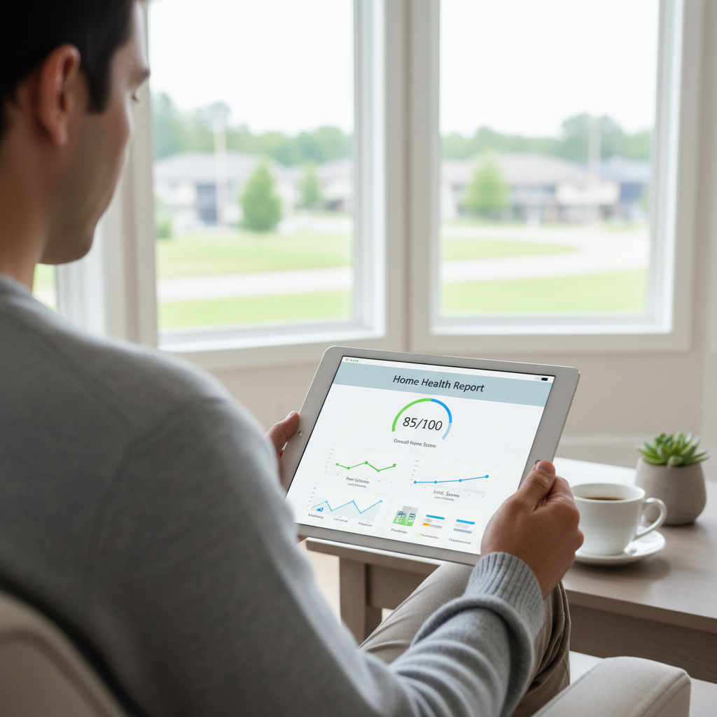 A homeowner reviewing a digital home health score on a tablet, with a clean dashboard showing roof and home system condition scores tracked over time
