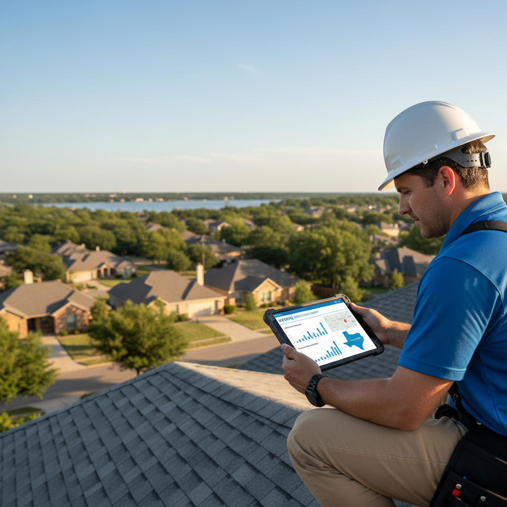 A roofing professional on a residential roof in Tyler Texas reviewing a tablet displaying a clean digital RoofIQ inspection report