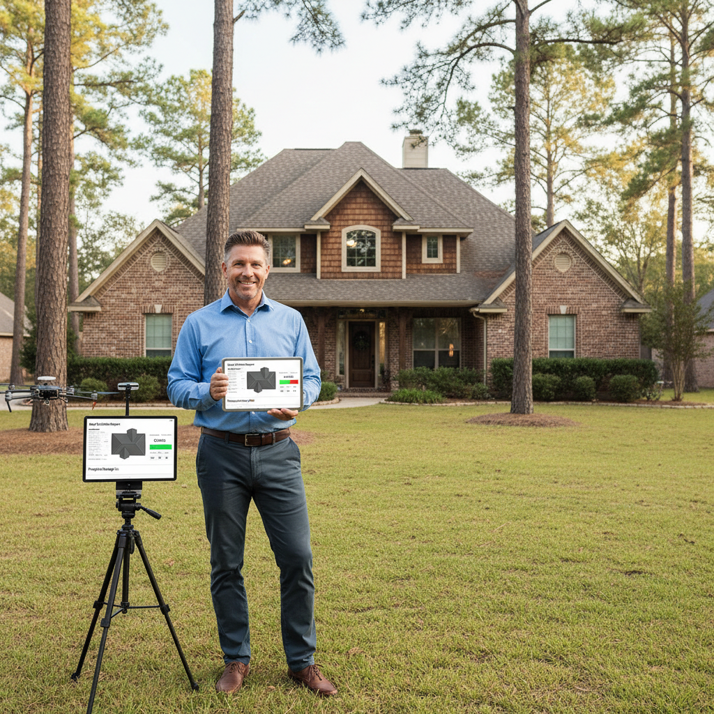 A homeowner reviewing a digital roof condition report on a tablet while standing in front of their home in East Texas