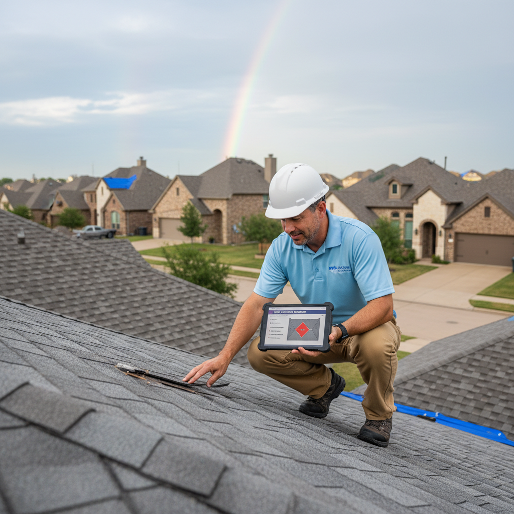 A roofing professional inspecting a residential roof in Texas after a storm, with a tablet displaying an inspection report