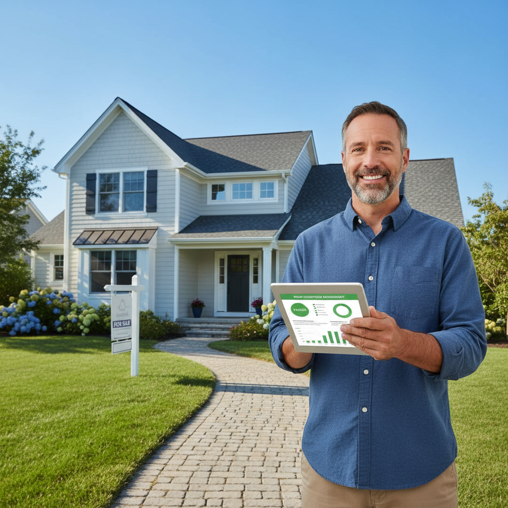 A homeowner reviews a digital roof inspection report on a tablet while standing in front of a well-maintained home with a clear sky above