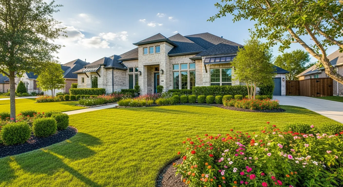 Attractive Texas suburban home with great curb appeal and a clean roof in golden afternoon light