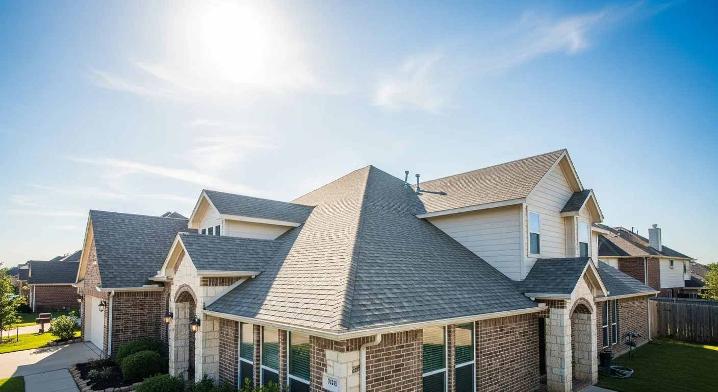Modern Texas suburban home with a pristine roof under a clear blue sky representing a strong RoofIQ score
