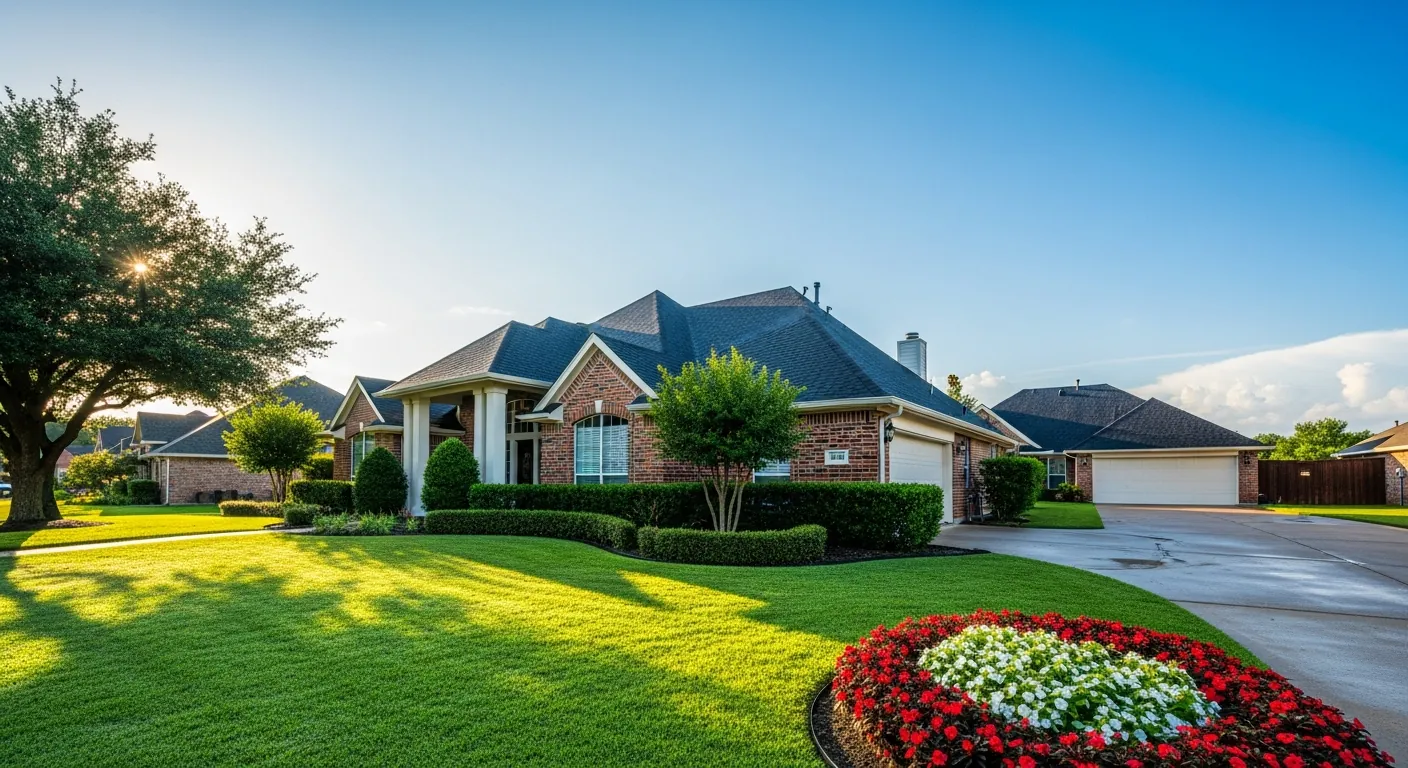 Well-maintained Texas suburban home with a clean roof under a clear blue sky after a storm