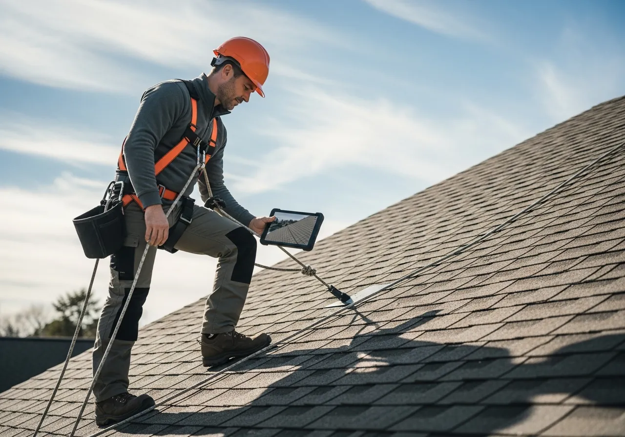 A professional inspector checking a roof after a storm