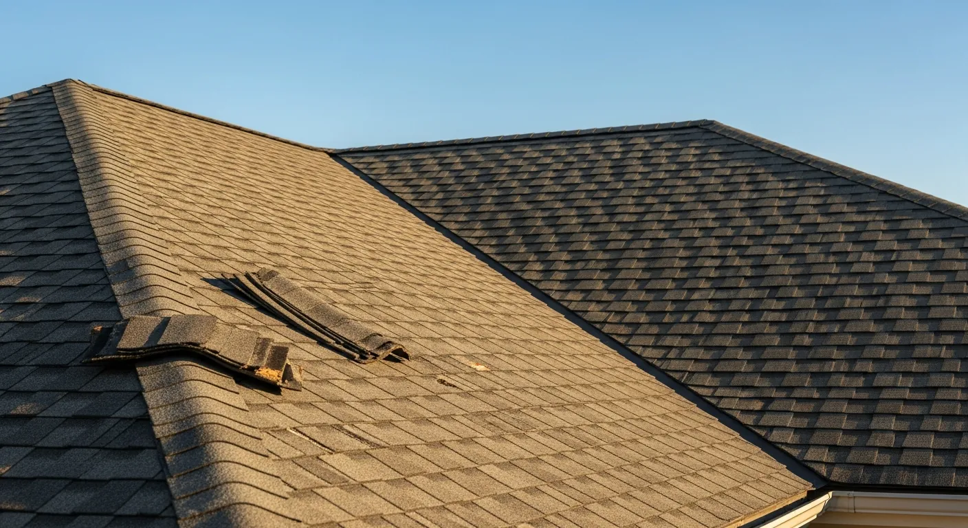 Residential asphalt shingle roof with a few curling, damaged shingles under a clear blue sky